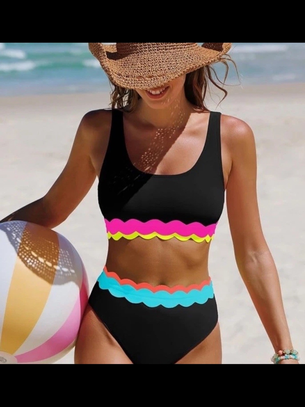 Black Scalloped Trim Two-Piece Bikini with Neon Accents